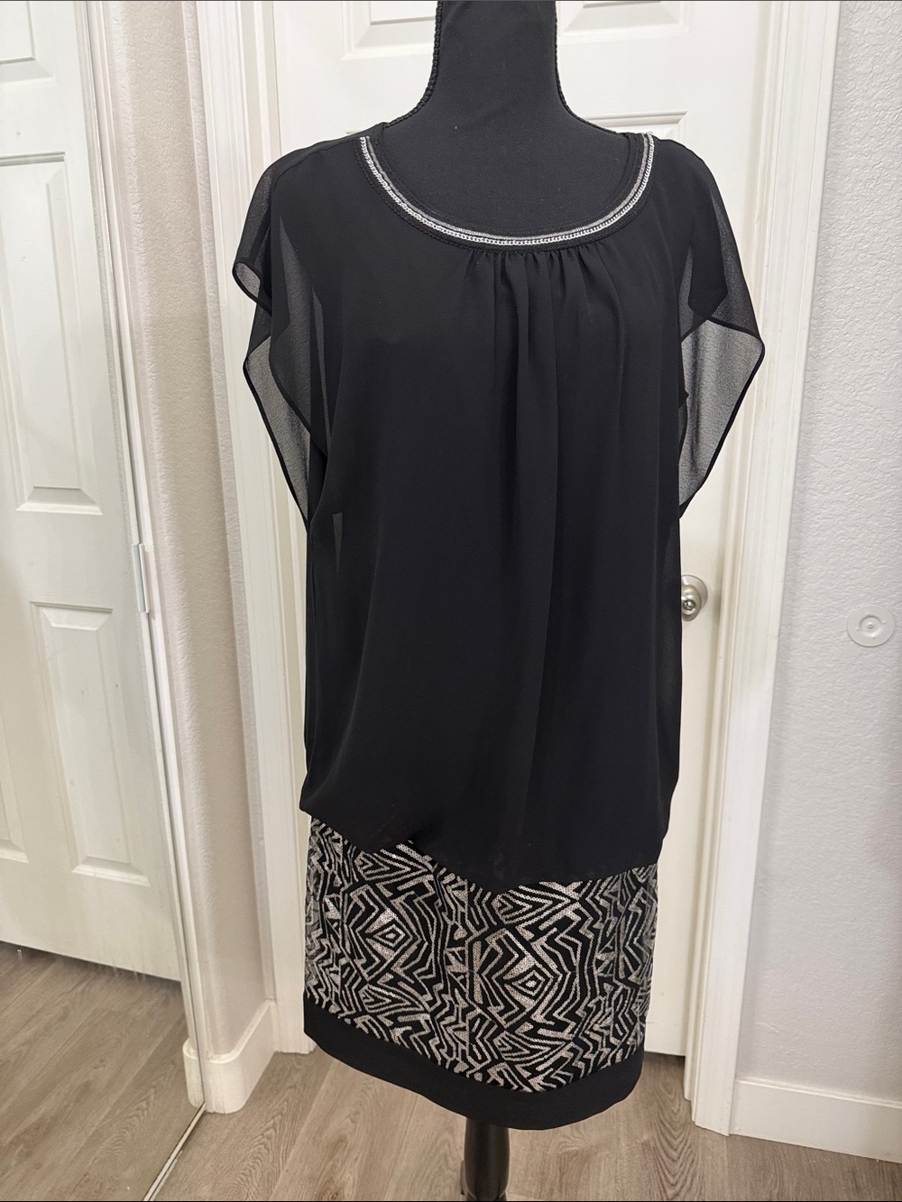 Black Chiffon Overlay Dress with Embellished Neckline
